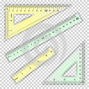 Transparent Ruler And Triangles Vector. Centimeter And Inch. Measure Tool Equipment Illustration. Several Instruments