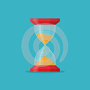 Transparent sandglass icon on blue background. Time hourglass in flat style. Sandclock.