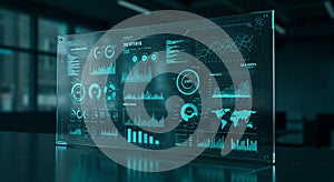 Transparent screen displaying various digital data visualizations in a dark room.