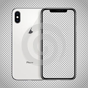 Transparent screen of white smartphone similar to phone X with double camera on checkered background