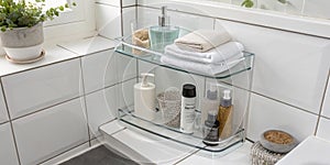 Transparent shelf installed in bathroom corner