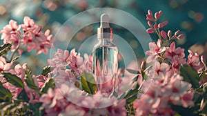 A transparent small glass bottle with a white dropper cap, containing essential oil or serum, surrounded by pink flowers. Mockup