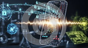 Transparent smartphone displaying cybersecurity data and digital network interface