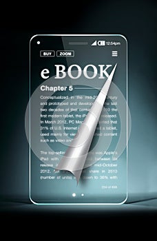 Transparent smartphone with ebook on blue background