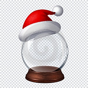 Transparent snow globe with Santa hat on checkered background