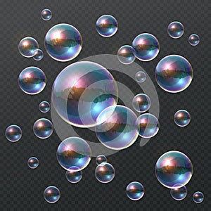Transparent soap bubble. Realistic colorful 3D bubbles, rainbow clear shampoo ball with color reflection. Design template