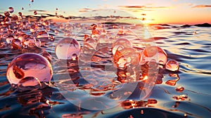 Transparent soap bubbles on the clear blue water of the sea or other body of water