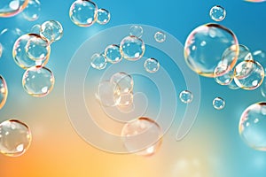 Transparent soap bubbles floating with blue and orange background