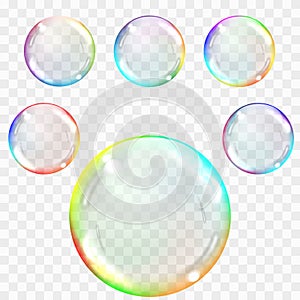 Transparent soap bubbles. Realistic illustration on checkered ba