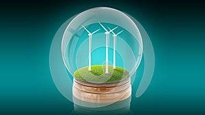 Transparent sphere ball with ecology-friendly windmills inside. 3D rendering.