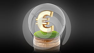 Transparent sphere ball with euro sign inside. 3D rendering.