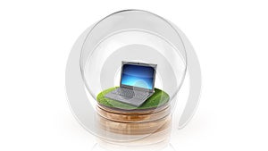 Transparent sphere ball with a laptop inside. 3D rendering.