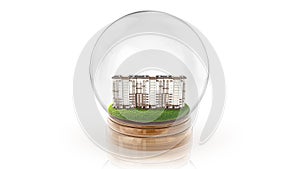 Transparent sphere ball with modern partment house inside. 3D rendering.