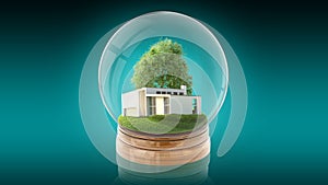 Transparent sphere ball with modern white house inside. 3D rendering.