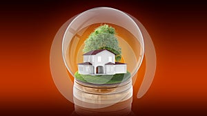 Transparent sphere ball with modern white house inside. 3D rendering.