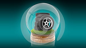 Transparent sphere ball with tires of car inside. 3D rendering.