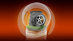 Transparent sphere ball with tires of car inside. 3D rendering.