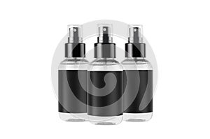 Transparent spray bottles for cosmetics product with black blank label isolated on white background, mock up for branding.