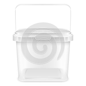 Transparent square empty plastic pail with handle. Front view mockup isolated on white background