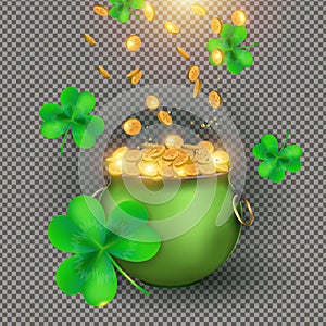 Transparent St. Patrick's Day greeting card. A green bowler hat full of gold coins and a clover leaf of good luck on