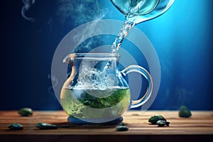 Transparent steaming teapot with flying mint and tea leaves on a wooden stand