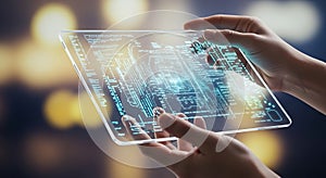 Transparent tablet technology futuristic interface digital screen innovation data analysis ai