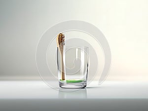 Transparent tableware with a bamboo toothbrush on a white background. AI generated