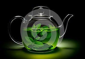 Transparent teapot for brewing with mint leaves with steam on a black background