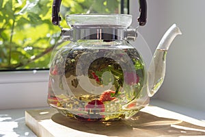 Transparent teapot with green tea and herbals