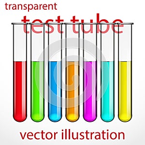 Transparent test tubes with colored liquids.