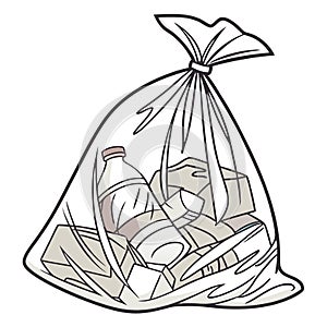 Transparent trash bag with plastic waste inside against white background