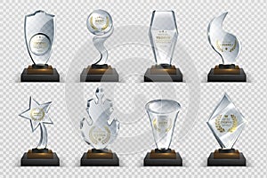 Transparent trophies. Realistic crystal glass awards with text, isolated competition cups stars and prizes. Vector