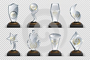 Transparent trophies. Realistic crystal glass awards with text, isolated competition cups stars and prizes. Vector photo
