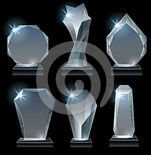 Transparent trophy awards. Glass award on stand, acrylic awards trophies and clear winner crystal realistic vector set