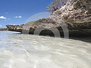 Transparent and turquoise waters of the Caribbean Sea. White sand beach and tropical blue sky. Paradise landscape. Martinique,