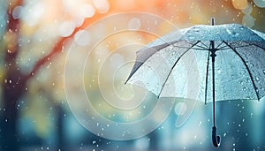 Transparent umbrella under rain against water drops splash background. Rainy weather concept