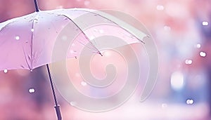 Transparent umbrella under rain against water drops splash background. Rainy weather concept