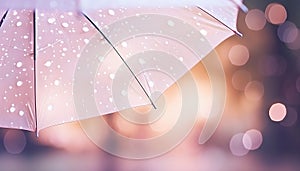 Transparent umbrella under rain against water drops splash background. Rainy weather concept