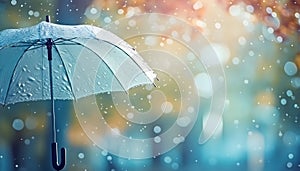 Transparent umbrella under rain against water drops splash background. Rainy weather concept