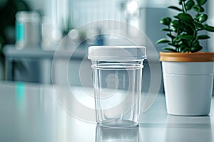 Transparent urine analysis container with lid. Clear specimen cup on a blurred backdrop of laboratory. Concept of