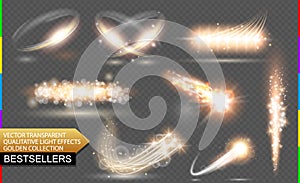 golden flare. Transparent vector light effect set, glitter, spark, star trail, comet or meteor. Abstract translucent