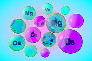 Transparent vitamin D3, calcium and magnesium pills on colorful background. Vitamin and mineral complex