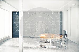 Transparent wall in conference room with furniture and blackbaord with equations