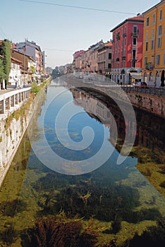 Transparent water in channel Naviglio Grande. Milan, Italy