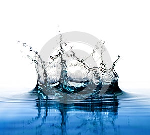 transparent water drop splash realistic and blue water colored on white