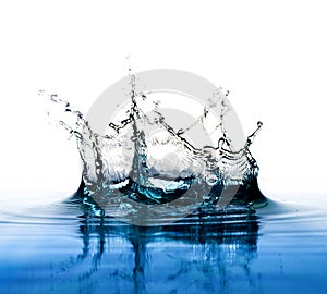 Transparent water drop splash realistic and blue water colored on white