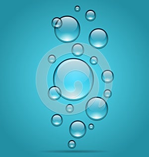 Transparent water droplets on blue background