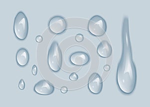 Transparent water drops isolated on blue background vector