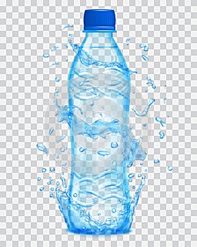 Transparent water splashes around a plastic bottle with mineral water