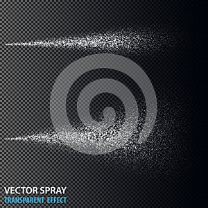 Transparent water spray cosmetic set with dust and dots. White 3d fog spray effect isolated on background. Vector spray